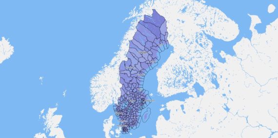 Illustration av Sverige med dess kommuner utritade